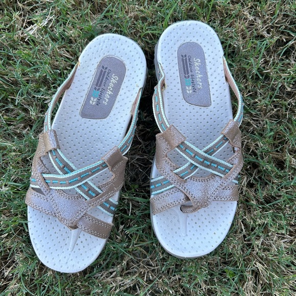 Skechers Reggae Gray & Teal leather Women's Slide Sandals Sz-6. Q - Picture 9 of 13